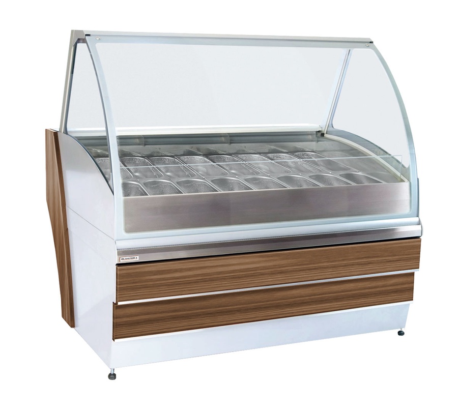 Прилавок для мороженого ES SYSTEM K SAGITTA 1,2 ясень верона темный, серебро